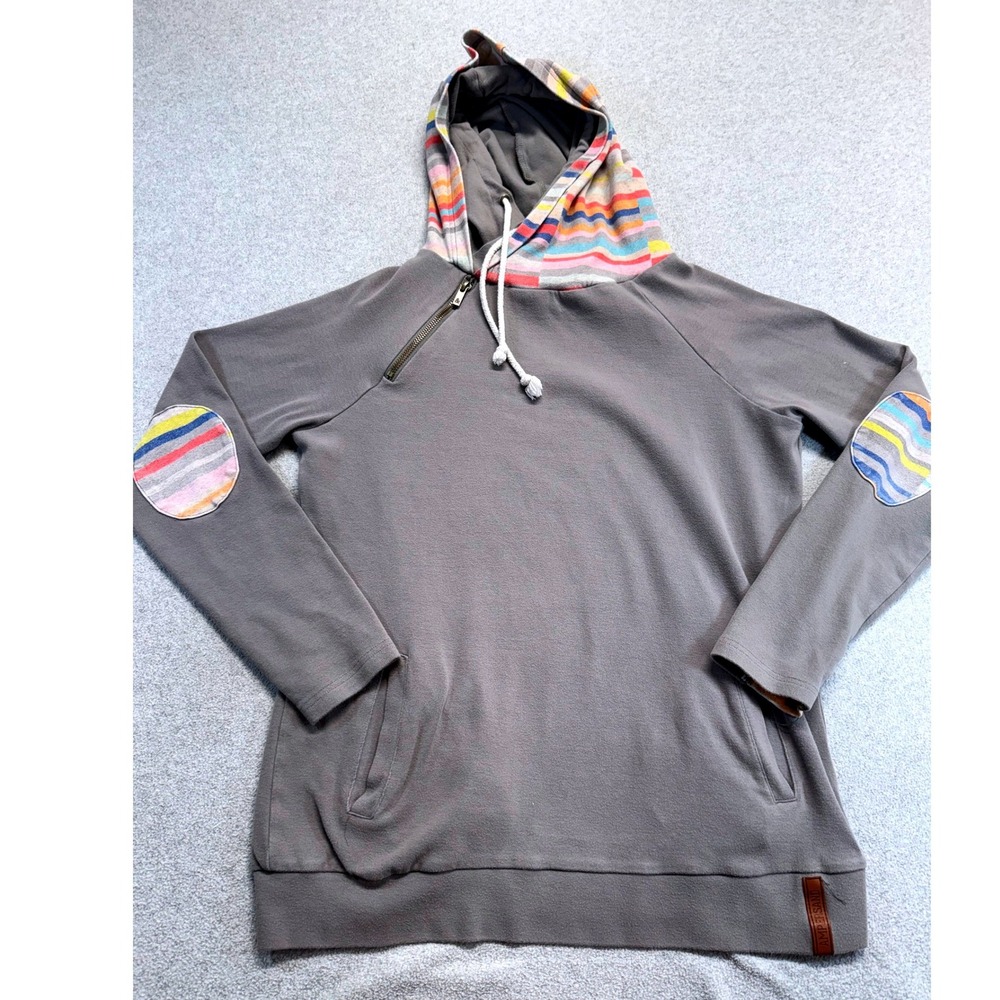 Ampersand Avenue Double Hood Hoodie Womens Large Taupe Striped Elbow Patch Retro